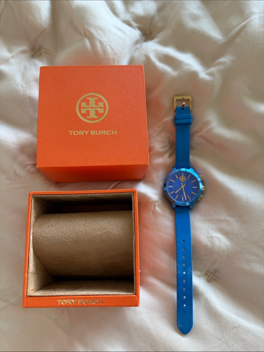Tory Burch Blue Silicone Strap Watch with Gold Accents